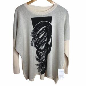 ARCTIC QUEEN 100% Merino Wool Cream Abstract Art Oversized Luxury Sweater NWT